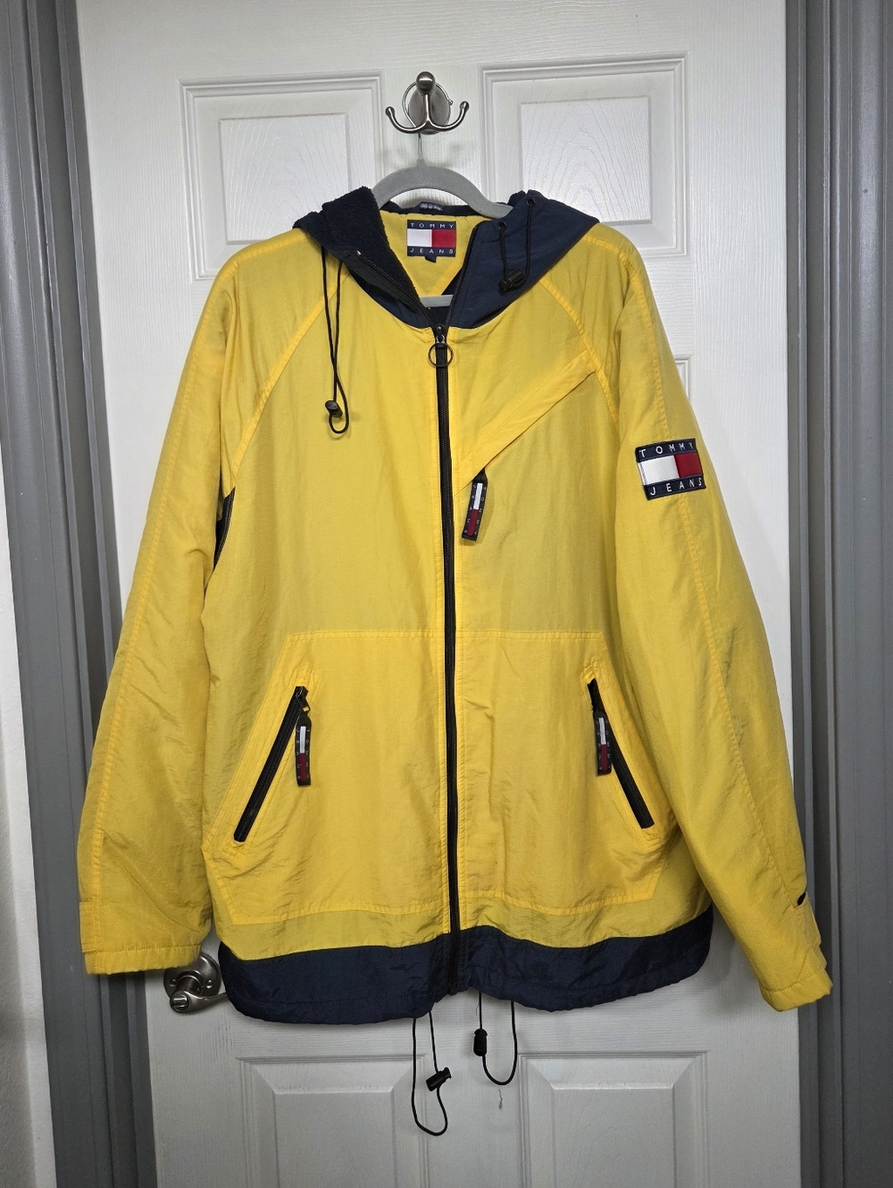 Tommy Jeans Y2K Men's Yellow Navy Fleece Lined Hooded Outdoors Jacket 90s Retro